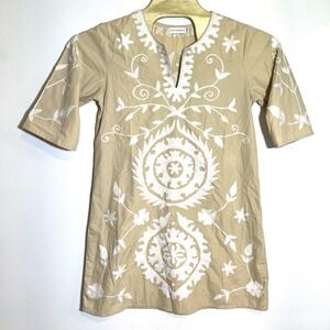 Ada Kamara Tan Embroidered Cotton Tunic Top Shirt Women's Size L